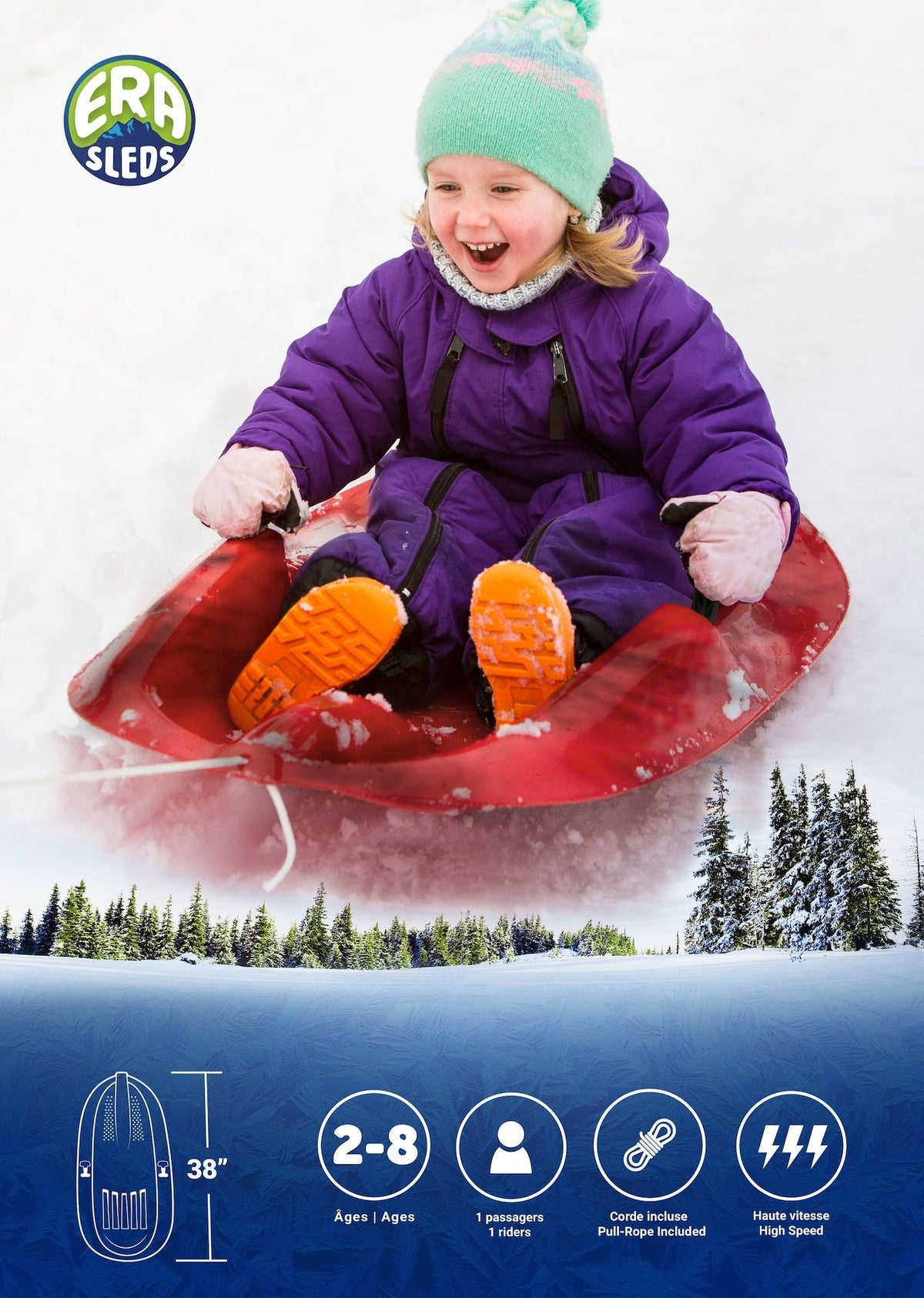 Mega Blitz Kids' 1-Person Plastic Winter Snow Sled/Toboggan with Brakes & Tow Rope