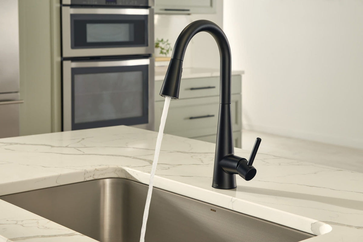Sleek Single Handle High Arc Pull Down Sprayer Kitchen Faucet with Power Boost, Matte Black