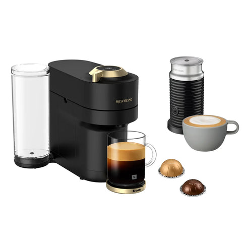 Vertuo Pop+ Deluxe Coffee and Espresso Machine by with Aeroccino with $25 Coffee Credit, Matte Black and Gold