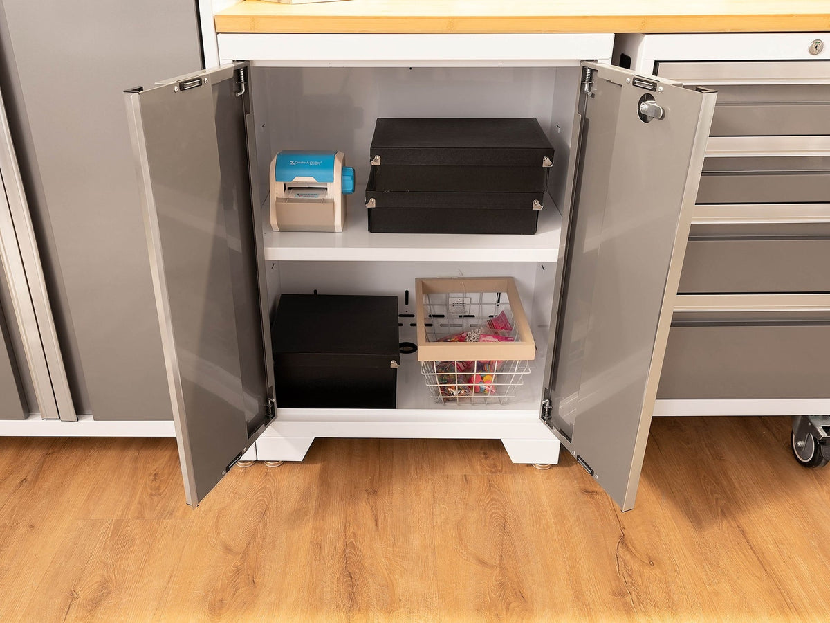 Bold 3.0 Series All-in-One Lockable Steel Garage Cabinetry Set with Bamboo Top, White/Platinum, 48-in x 18-in x 76.75-in, 5-pc