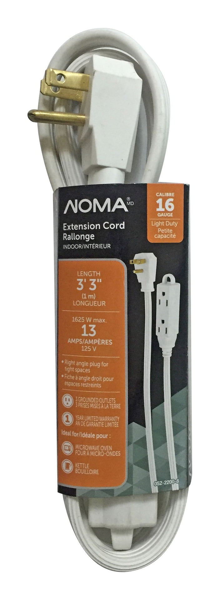 3-ft 3-in 16/3 Indoor Extension Cord with Right Angle Plug, 3 Grounded Outlets, White Y6773