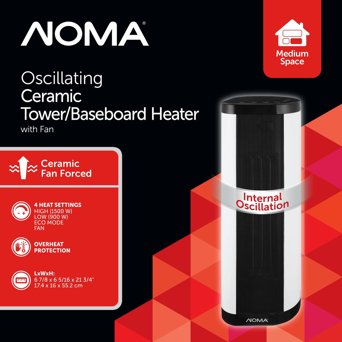 Oscillating Tower/Baseboard Heater withRemote Control & Thermostat, 1500W, White