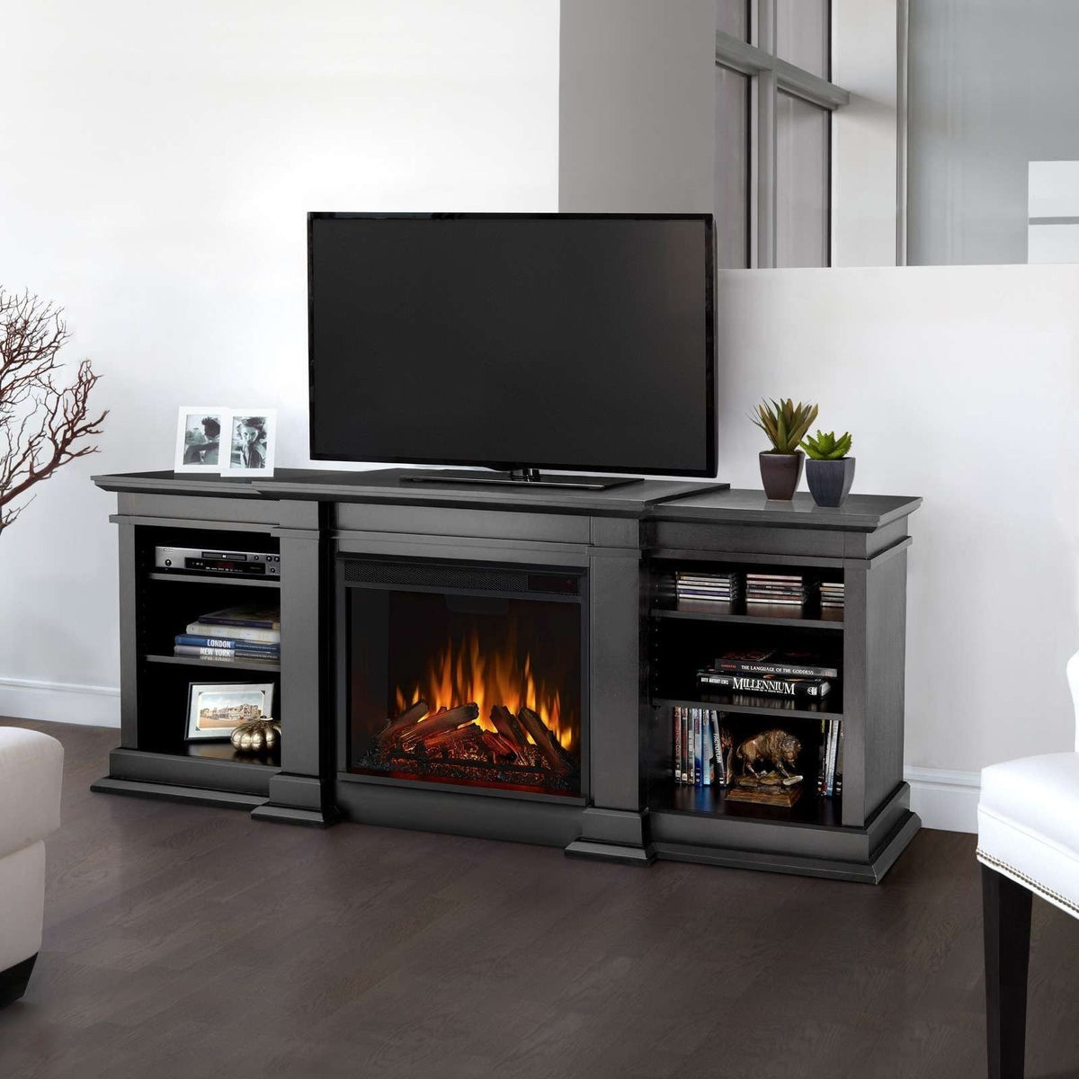 Fresno Media Indoor Electric Fireplace TV Stand, 72-in, 1500W, Black