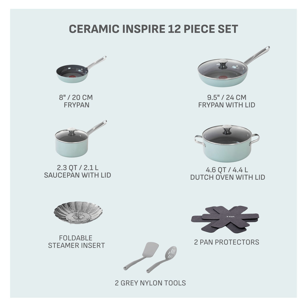 Ceramic Inspire Non-Stick Cookware Set, Dishwasher & Oven Safe, Mint, 12-pc