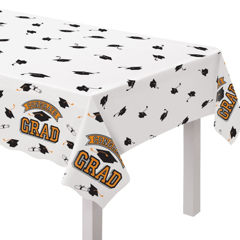 True to Your School "Congrats Grad" Rectangle Plastic Reusable Table Cover, Orange, 54x84-in, for Graduation C852