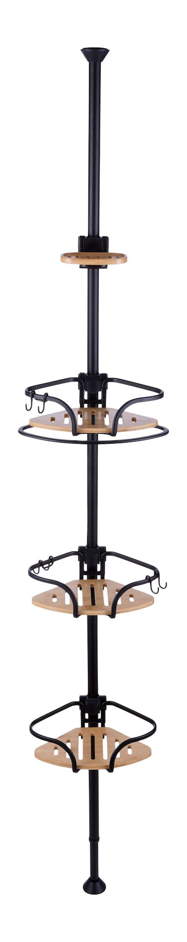 3-Tier Adjustable Rustproof Aluminum Shower Pole Caddy with Bamboo Trim, Matte Black U4043