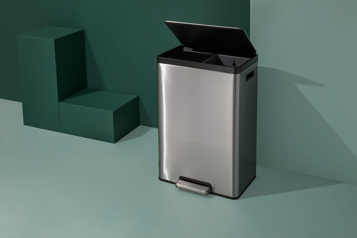 type A Stainless Steel Rectangular Dual Compartment Garbage Can, 2 x 20-L
