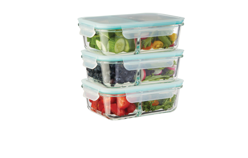 Glass Clip Food Storage Container Set with Compartments and Leakproof Lids, 3 Count