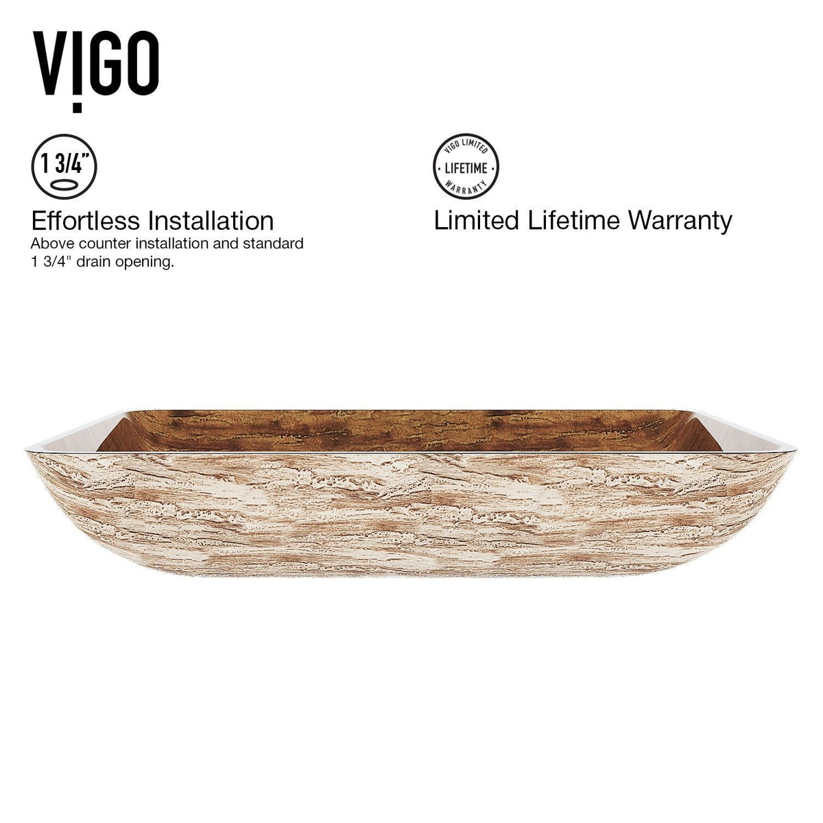 Glass Rectangular Vessel Bathroom Sink/Basin with Rounded Edges & Deep Bowl, Amber Sunset