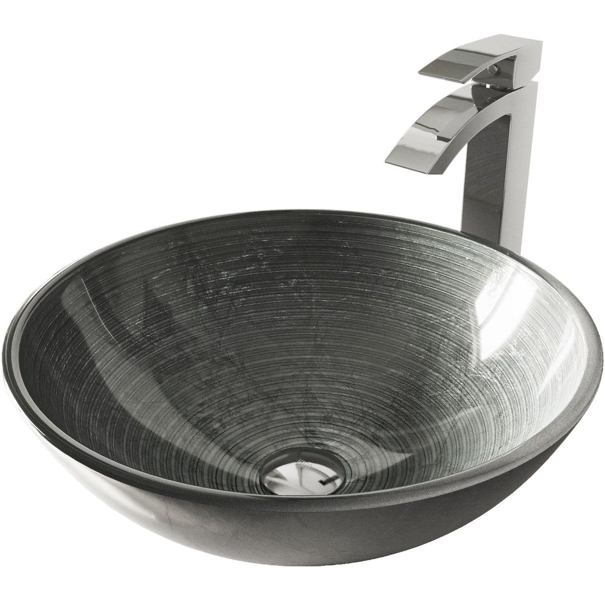 Glass Simply Silver Bathroom Sink/Basin Set with Chrome Duris Faucet and Round Vessel