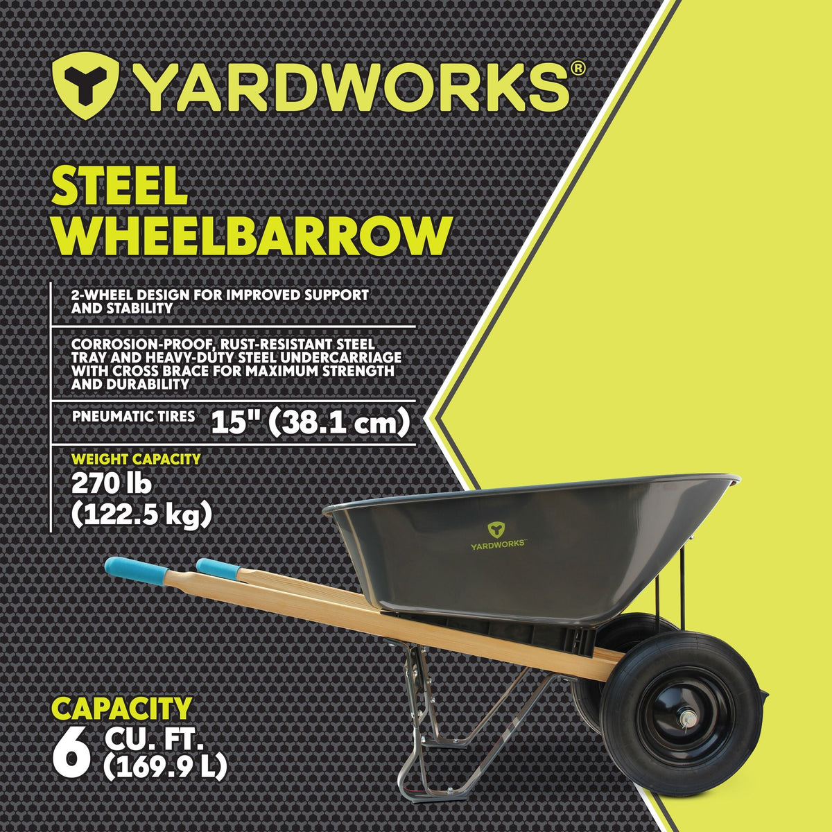 Steel Tray 2-Wheel Garden Wheelbarrow, 6-cu-ft